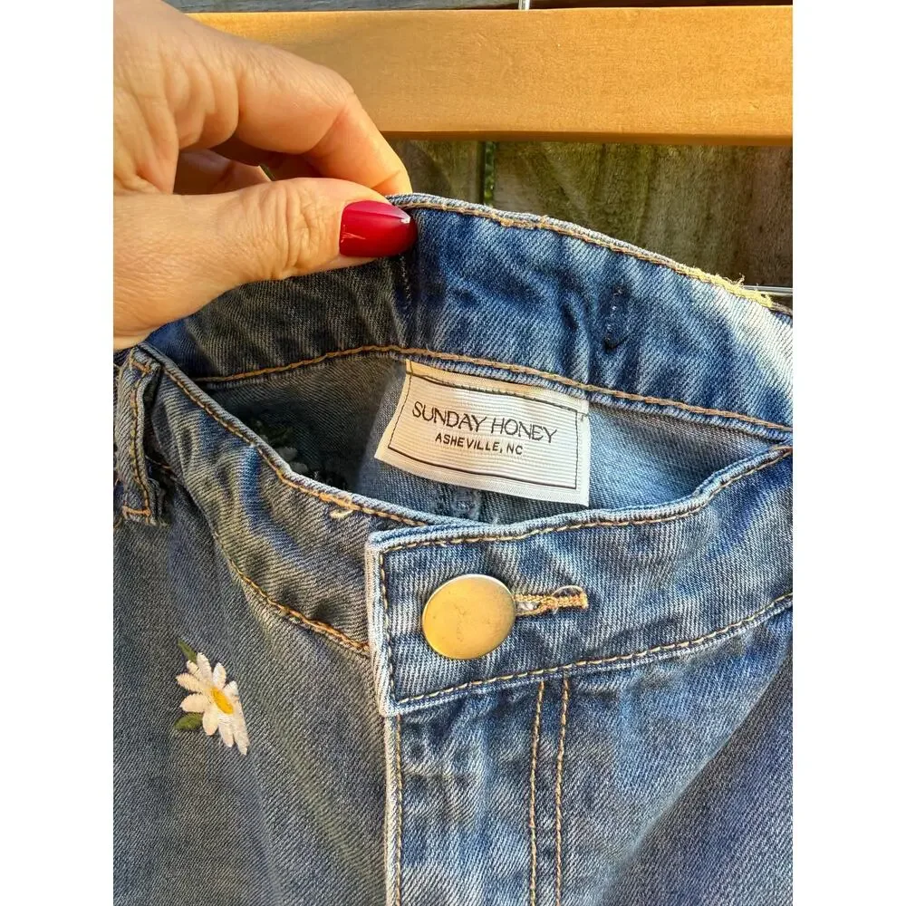 Reworked Daisy Embroidered Y2K Denim Mini Skirt